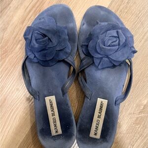 Manolo Blahnik blue Suede Slide Sandals with Floral Applique